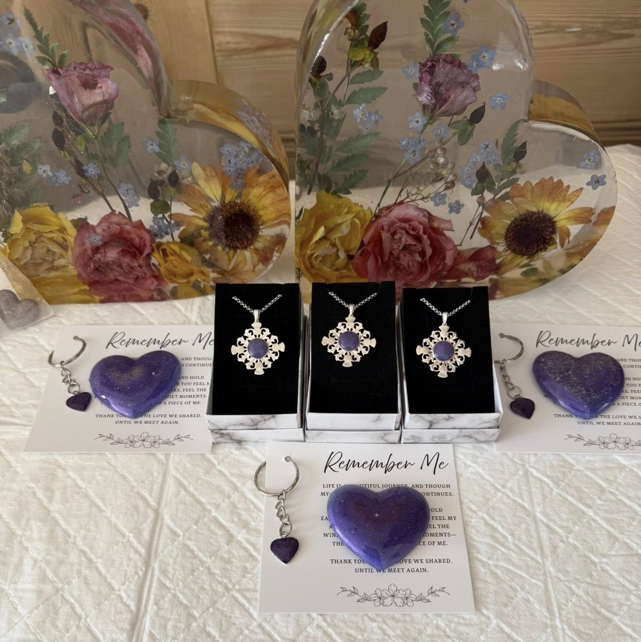 Floral resin heart display with keepsakes