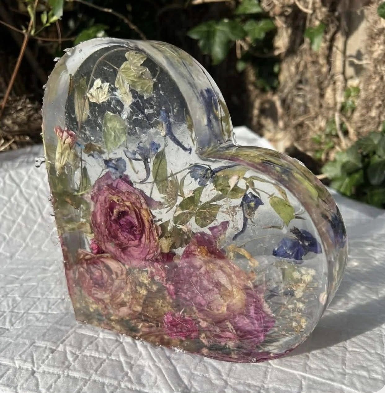 Large floral resin heart keepsake with preserved flowers