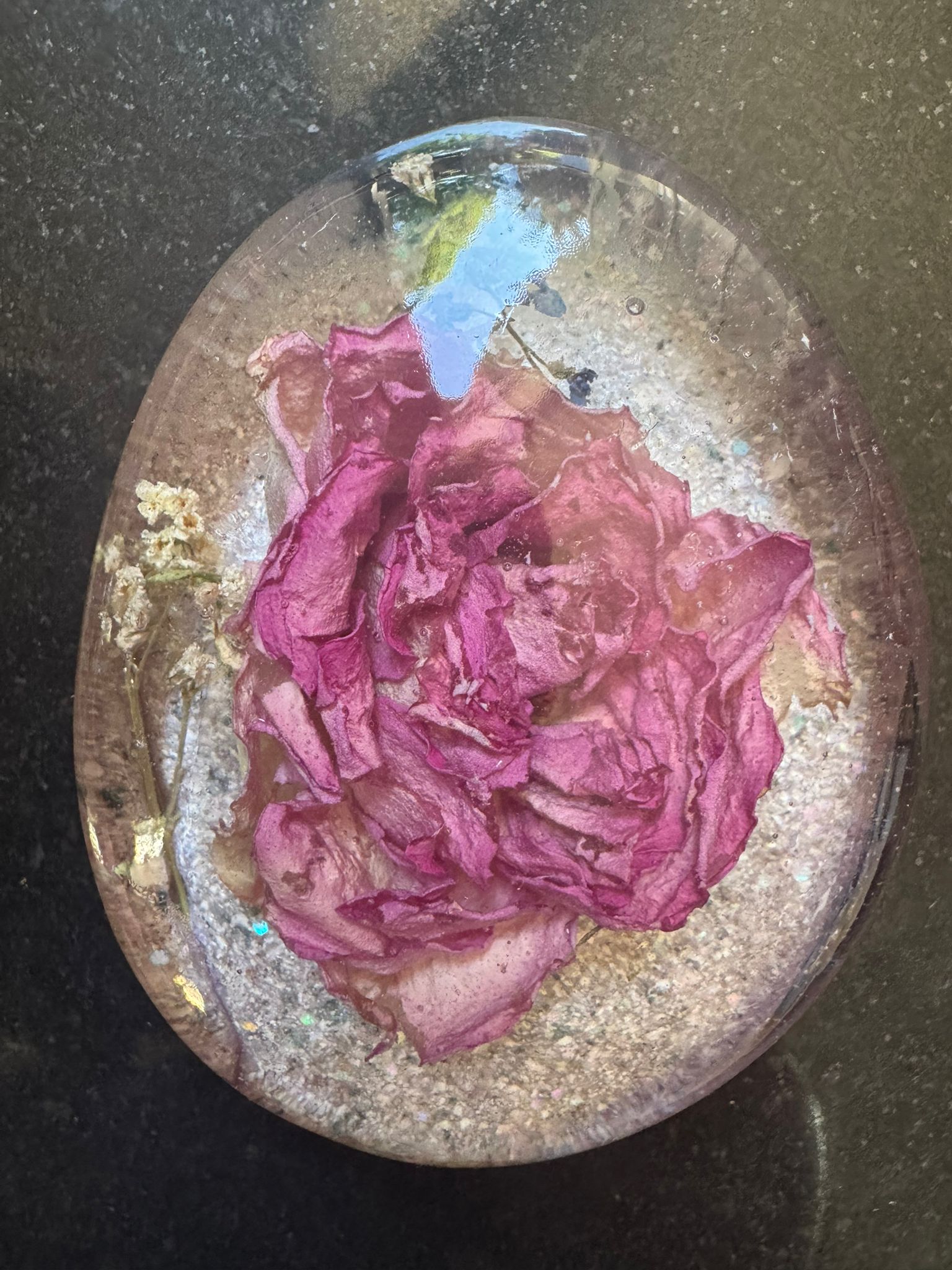 Round floral resin paperweight with preserved rose
