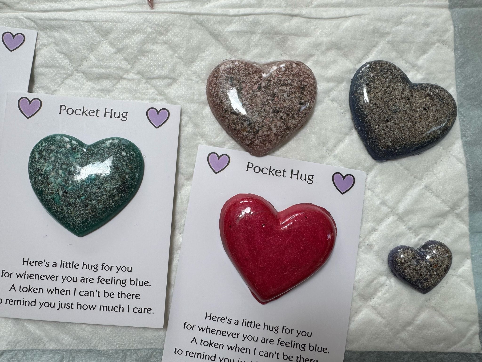 Pocket hug keepsakes in heart shapes